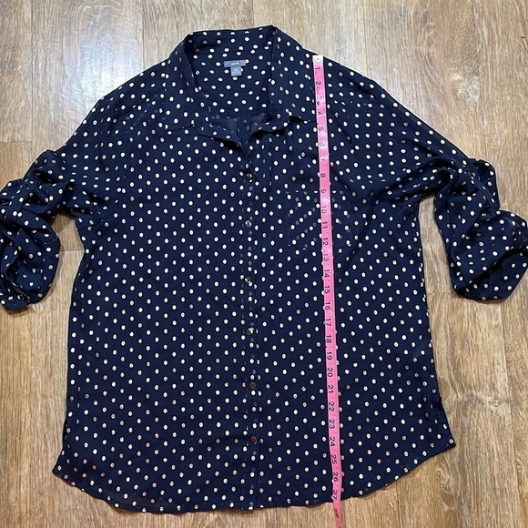 Aerie Navy & Gold Polka Dot Blouse Top Sheer Button Up Size XL EUC Collared - Picture 11 of 13